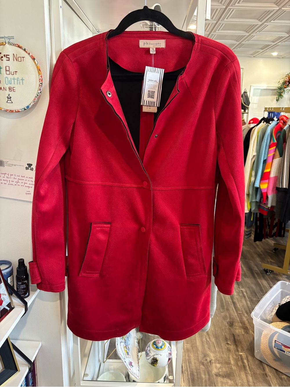 Philosophy Bright Red Collarless suede Trench Coat NWT